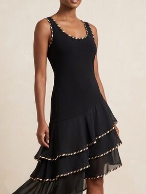 Black Sleeveless Midi Dress with Yellow-White Trim